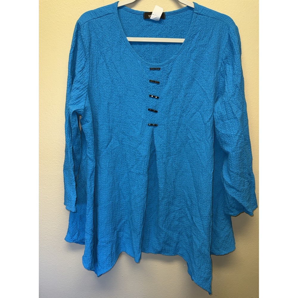 Yushi Lagenlook Crinkle Tunic Top SZ L Blue Long Sleeve Asymmetrical Artsy Boho